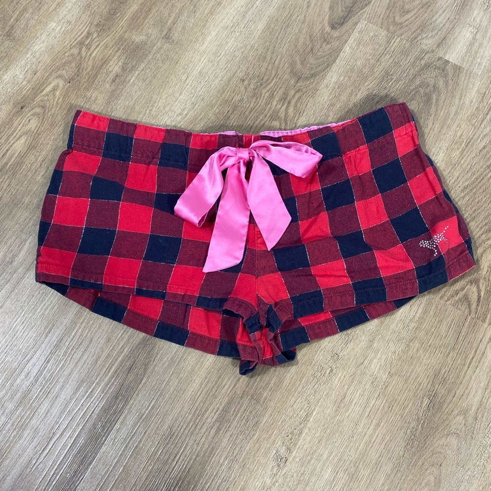 Vintage Y2K PINK Victoria's Secret Bling Red and Black Plaid Sleep Shorts Medium - Picture 2 of 10